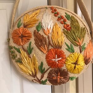 Embroidered Floral Raffia Bag